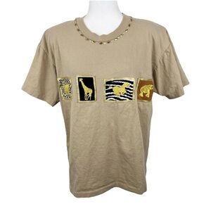 Vintage Clodia Dee Shirt Women Medium Brown Gold Cotton Animal Embroidered Tee